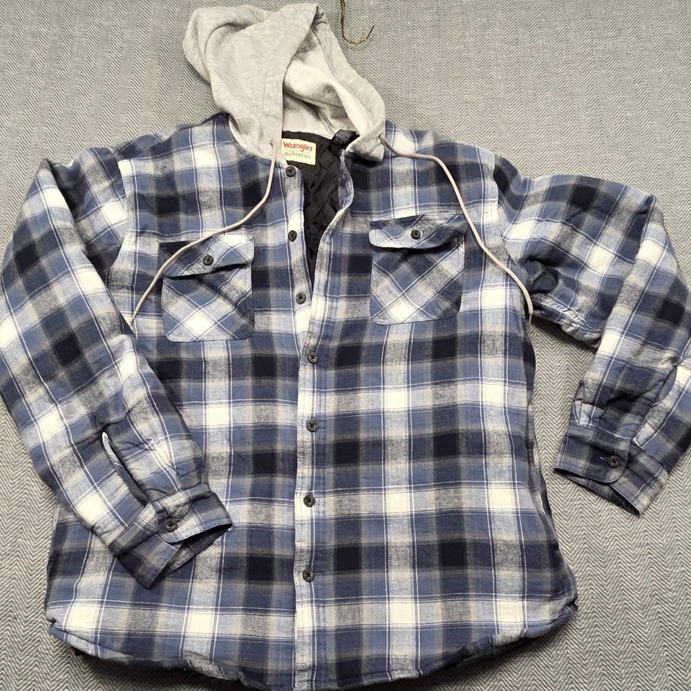 Wrangler Authentics Mens XL Blue Plaid Quilted Lined Hooded Flannel Shirt Jacket